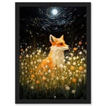 Artery8 Watching the Fireflies Dance Happy Fox over a Wildflower Meadow Oil Painting Orange White Blue Full Moon Spring Night Dreamy Landscape Artwork Framed A3 Wall Art Print