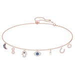 Swarovski Symbolic necklace, Moon, infinity, hand, evil eye and horseshoe, Blue, Rose-gold tone plated