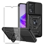 Case for Oppo A58 / A78 5G Phone Cover + Glass Screen Protector, Stand Black