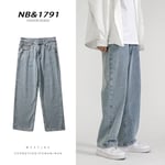 Koreansk mode herr baggy jeans klassisk all-match enfärgad rak ben denim vida ben byxor man ljusblå grå svart E 4XL