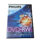 5 Pack PHILIPS DVD-RW 120Min 4.7GB 1-2x Speed Recordable DVD Cases New & Sealed