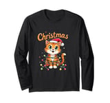 Cute Christmas Cat in Santa Hat with Holiday Lights Long Sleeve T-Shirt