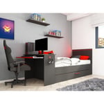 Vente-unique Lit gigogne gamer 2 x 90 x 200 cm - Avec bureau - LEDs - Anthracite et rouge - VOUANI