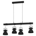EGLO Suspension luminaire Shirebrook, lustre industriel à 4 lampes, lampe de plafond suspendue pour salon et salle à manger, FSC100PA, métal et bois noir, douille E27