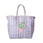 Rice - Raffia Shopping Bag Radish Embroidery in Lavender and Nature Checks