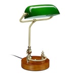relaxdays Lampe de banquier, avec abat-jour en verre inclinable, socle en bois, bureau, rétro, E27, bibliothèque, Vert 10034378