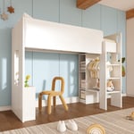 Lit enfant, lit mezzanine lit simple 90 x 200 cm, lit polyvalent 3 en 1 en bois avec rangements, armoire, étagères ouvertes et escalier, blanc