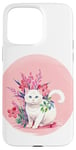 Coque pour iPhone 15 Pro Max Chat blanc mignon, fond rose, art floral