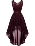 Berylove 7035 Vintage Robe de Cocktail Pin Up High Low en Dentelle Mousseline pour Mariage Soirée Bal Jupe Asymétrique sans Manche avec Ceinture Bourgogne XL