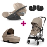 Cybex Pack Poussette trio Melio 4 Almond Beige + Nacelle adaptateurs coque Cloud T i-Size Tissu Plus Cozy