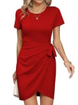 Missufe Robe portefeuille pour femme - Mini robe d'été - Robe décontractée - T-shirt moulant - Manches courtes - Robe plissée, rouge, XL