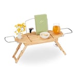 Relaxdays Plateau de Baignoire, Bambou et métal, Extensible (69-90 cm), Porte-Livre, Trou pour Le vin, Pieds, Nature