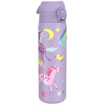 Ion8 Steel Water Bottle, 600 ml/20 oz, Leak Proof, Easy to Open, Secure Lock, Dishwasher Safe, Flip Cover, Fits Cup Holders, Carry Handle, Durable, Metal Water Bottle, Raised Print, Purple Unicorns