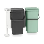 Brabantia - Sort & Go Waste Bin 2x12L - Double Built-In Recycling Bin - Stay Open Lid - Carry Handle - Easy to Clean - Dual Bin for in Kitchen Cupboards - Dark Grey/Jade Green - 52 x 35 x 43 cm