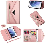 Coque Pour Samsung Galaxy S23 Ultra,Telephone Clips Ceinture Petit Sac For Femmes,Antichoc Housse,Carte Fermeture Magnetique Rabat Flip Fermeture Eclair Wallet Etu-Rose