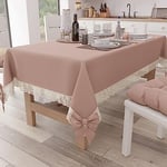 PETTI Artigiani Italiani - Nappe, Nappe de Table, Nappe de Cuisine rectangulaire avec Dentelle Sangallo et nœuds, Nappe de Table Couleur Unie en Coton, X6 Places (140 x 180 cm) Poudre