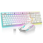 RedThunder K10 Ensemble Clavier et Souris sans Fil Gamer Rétroéclairé, AZERTY FRANÇAIS, 2,4 GHz Connexion + 3800mAh Batteries Rechargeables, Souris Gaming 3200DPI pour PC Mac PS5 Xbox(Blanc)