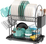 2 Tier Black Dish Drainer Rack with Drip Tray Stainless Steel Draining drainer