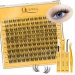 QUEWEL Wispy Cluster-Lashes Natural Look, D Curl Reusable Eyelash Extension Kit, Super Thin Band Eyelash Clusters Kit with Lash Bond and Seal Waterproof and Lash Tweezer(Feather 01-kit）