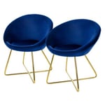 Lot 2 Chaises de salle à manger en velours dossier rond bleu pieds en métal doré