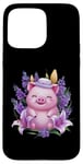 Coque pour iPhone 15 Pro Max Cochon en style dessin animé kawaii avec lavande et lys