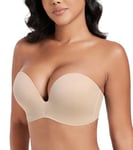 DotVol Soutien-Gorge pour Femmes sans Bretelles Push Up Dos Nu rembourré Deep V Convertible Grande Taille Confort Quotidien décontracté 85C Beige