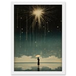 Falling Star Rain Dreamy Artwork Bright Star Wish Woman with Umbrella Fairytale Dreamscape Artwork Framed Wall Art Print A4