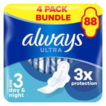 Always Ultra Sanitary Towels/Pads with Wings, Day & Night Size 3, Ultra Thin, 88 Towels (22 x 4 Packs), Super Saving Box, Odour Neutraliser, Super Absorbent Core