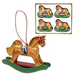 Dekohelden24 Lot de 4 Magnifiques décorations pour Arbre en Bois - Motif Cheval à Bascule - Environ 7 cm