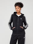 adidas Sportswear Womens 3 Stripe Full Zip Hoodie - Black/White, Black/White, Size 2Xs, Women