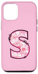 Coque pour iPhone 13 Lettre S Rose Initiale Monogramme Cœurs Girly