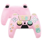 playvital Protection Manette pour ps5 Coque de Protection Housse Manette pour ps5 avec Capuchon Joystick Kawaii Protege Manette pour ps5 Station de Charge avec Sticker-Rose & Jaune(Ours Design)