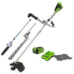 Greenworks Cordless Lawn Trimmer 40V 40cm, 25cm Brush Cutter Blade, Bike Handle, Pole Hedge Trimmer and Chainsaw Attachment, incl. 1 Battery 2.5Ah & Charger