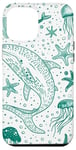 iPhone 14 Pro Max Green Outline Drawing of Whale Shark and Starfish Case