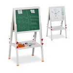 Relaxdays Tableau magnétique pour enfant, hauteur réglable, marqueur et craie, 81-104 x 45 x 42 cm, bois, blanc