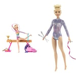 Barbie Gymnastics Doll & Accessories, Playset with Blonde Fashion Doll, C-Clip for Flipping Action & Rhythmic Gymnast Blonde Doll (12-in/30.40-cm) with Colorful Metallic Leotard, 2 Clubs & Ribbo