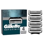 Gillette Body and Intimate Razor Blades Men, 4 Razor Blade Refills with Lubrastrip, Formulated for Pubic Hair, Gentle and Easy to Use, Dermatologist Tested