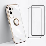 EasyLifeGo for Honor 90 Lite Case with Screen Protector Tempered Glass [2 pieces],Soft TPU Shockproof 360 Degree Ring Holder Kickstand Slim Plated Phone Case Cover_White