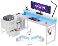 ODK Bureau d'angle avec Rangement Tiroirs, Bureau Gaming avec Etagere, Bureau en L Blanc avec LED et Port USB et Prise de Courant, Table d’Ordinateur Bureau Informatique (174x100cm)