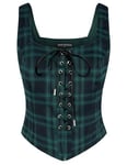 SCARLET DARKNESS Gilet steampunk à lacets vintage pour femme, Plaid vert foncé, XL