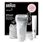 Braun Silk-épil 7, Epilator with Wide Head for Easy Hair Removal, Wet & Dry, Lasting Smooth Skin, with Lady Shaver Head & Trimmer Comb, Body Mini Shaver, 7-441, White/Silver