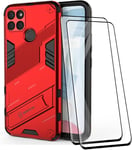 Robuste Housse Pour Oppo Realme C21 Y 2 Verre Trempé Pc+Tpu Ultra Protection Coque Rugged Armor Bumper Case Cover Avec Support Invisible Rouge.