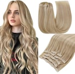 RUNATURE Extension Clip Cheveux Naturel Blond Clip Extension Cheveux Lisse Brun Doré avec Blond Clair Extension a Clip Cheveux Naturel Remy Raide 14 Pouces/35cm 7pcs/120g #16P22