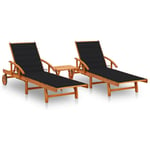 Helloshop26 - Lot de 2 transats chaise longue bain de soleil lit de jardin terrasse meuble d'extérieur avec table et coussins acacia solide