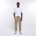 River Island Mens Cargo Joggers Beige Slim Fit Washed Hatch Pants - Stone material_cotton - Size 34 Short