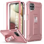 ORETECH for Samsung Galaxy A12 Case with Kickstand,[2 x Tempered Glass Screen Protector] Full Body Anti Silp Heavy Duty Shockproof Hard PC Soft TPU Protective Cover for Samsung A12/M12 - Rosegold