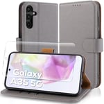 Case Collection for Samsung A35 5G Case and Screen Protector - Leather Folio Flip [Kickstand] Shockproof Cover [RFID Blocking] Magnetic Wallet for Samsung Galaxy A35 5G Phone Case Grey