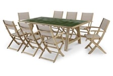 Set de repas jardin table céramique verte 205x105 + 8 chaises bois et textile beige - Bisbal