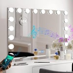 Fenair Hollywood Vanity Mirror 80×60 cm with Lights and Bluetooth Speaker Large Makeup Mirror with 18 Dimmable LED 3 Lighting Modes USB Charging Port for Bedroom