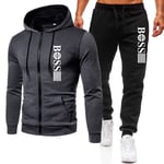 Herr \"Boss\"" Tryckt Träningsoverall Set Dragkedja Hoodie Jacka Joggers Byxor Sportkläder Outfit Aktivkläder M-3XL Dark Grey-Black 2XL"